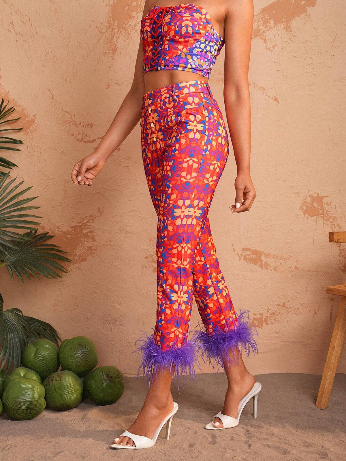 HIBA Women Vacation Style Flower Print Camel Bird Wool Slender Foot Mouth Patchwork Slim Fit Long Pants