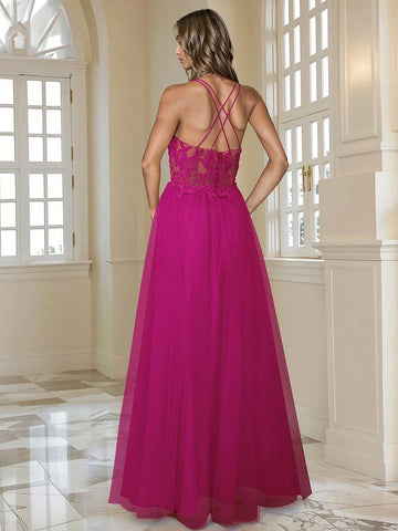 HOMEYEE Lace Mesh Patchwork Beaded Cocktail Evening Dress, Sexy And Elegant, Perfect For Weddings, Bridesmaids, Parties