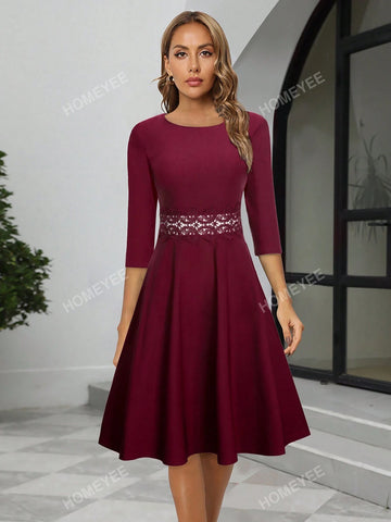 HOMEYEE Ladies' Round Neck Lace Trim Vintage Casual Simple Professional A-Line Dress