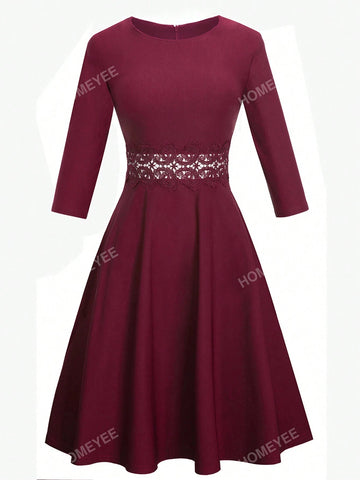 HOMEYEE Ladies' Round Neck Lace Trim Vintage Casual Simple Professional A-Line Dress