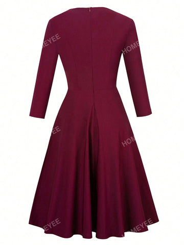 HOMEYEE Ladies' Round Neck Lace Trim Vintage Casual Simple Professional A-Line Dress
