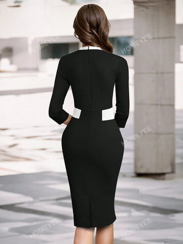 HOMEYEE Retro Elegant Business Career Package Hip Midi Dress With Round Neck, 3/4 Sleeves And Color Blocking