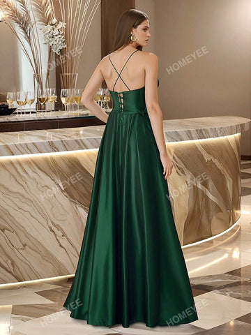 HOMEYEE Sexy Lace Spaghetti Strap Hollow Out Long Dress For Cocktail Party, Vintage & Casual