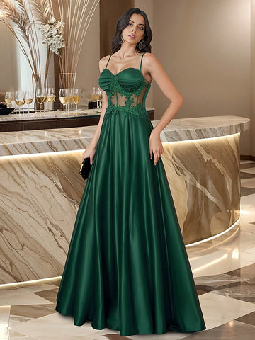 HOMEYEE Sexy Lace Spaghetti Strap Hollow Out Long Dress For Cocktail Party, Vintage & Casual