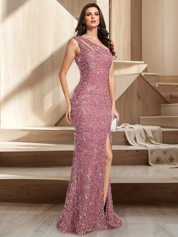 HOMEYEE Sexy Open Shoulder Hollow-Out Sequined Gown, Elegant Formal Evening Party Dress