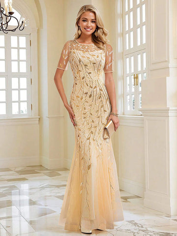 HOMEYEE Short-Sleeved Round Neck Glitter Sequin Embroidered Mesh Sheer Elegant Evening Party Dress