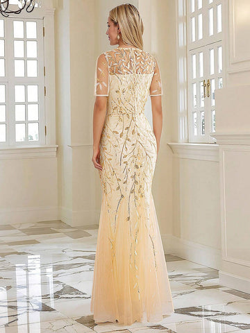 HOMEYEE Short-Sleeved Round Neck Glitter Sequin Embroidered Mesh Sheer Elegant Evening Party Dress