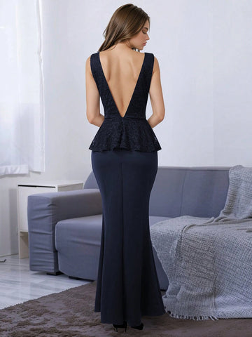 HOMEYEE Sleeveless V-Neck Lace Spliced Sexy Backless 2 In 1 Long Evening Dress For Elegant Cocktail Party