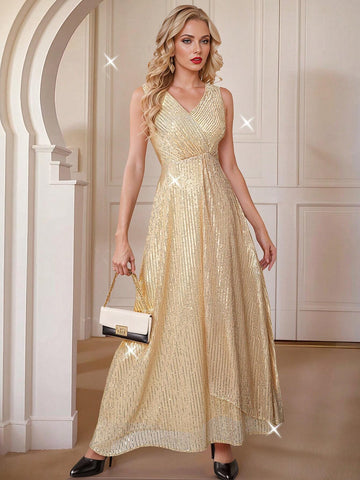 HOMEYEE V-Neck Sleeveless Sequin Prom Dress Vintage Casual Holiday Party Evening Gown Maxi Dress