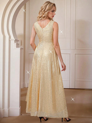 HOMEYEE V-Neck Sleeveless Sequin Prom Dress Vintage Casual Holiday Party Evening Gown Maxi Dress