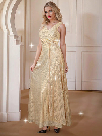 HOMEYEE V-Neck Sleeveless Sequin Prom Dress Vintage Casual Holiday Party Evening Gown Maxi Dress