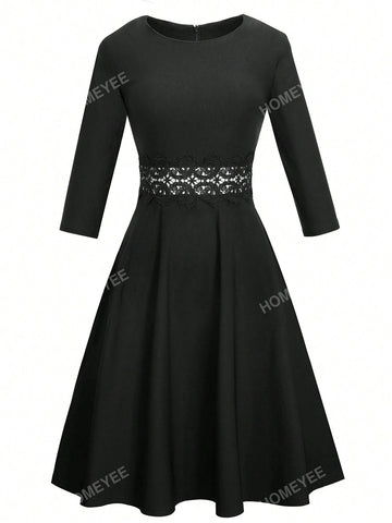 HOMEYEE Women's Round Neck Lace Hem Vintage Casual Vacation Simple Career Dress