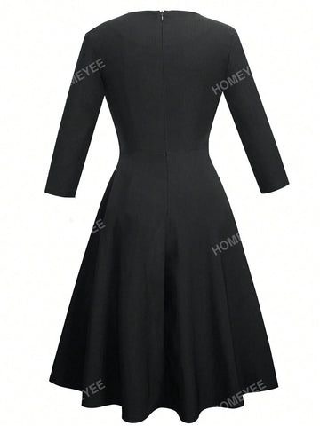 HOMEYEE Women's Round Neck Lace Hem Vintage Casual Vacation Simple Career Dress
