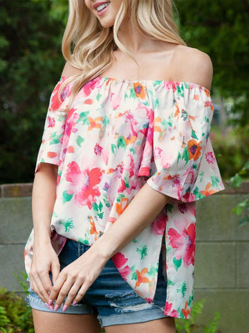 Women's Multicolor Watercolor Floral Square Neck Ruffle Sleeve Blouse