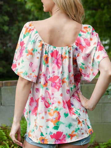 Women's Multicolor Watercolor Floral Square Neck Ruffle Sleeve Blouse