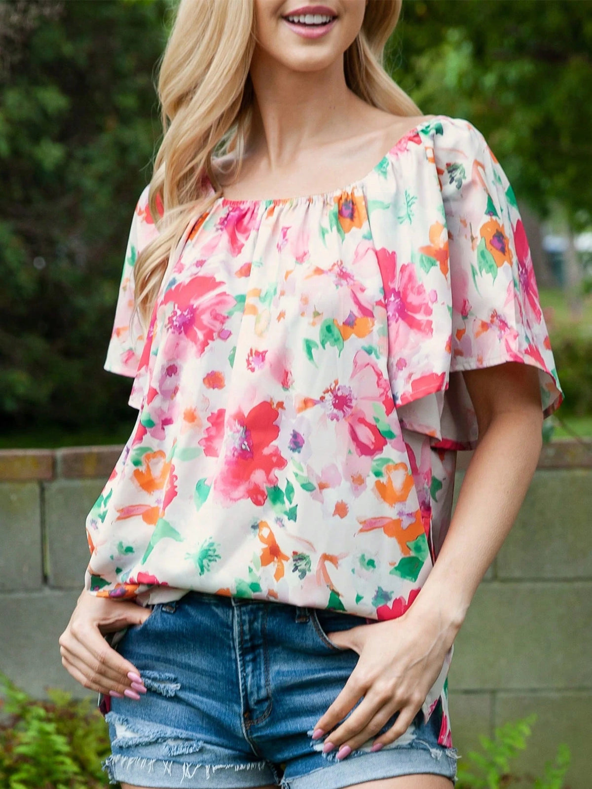 Women's Multicolor Watercolor Floral Square Neck Ruffle Sleeve Blouse