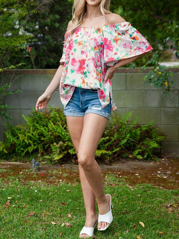 Women's Multicolor Watercolor Floral Square Neck Ruffle Sleeve Blouse