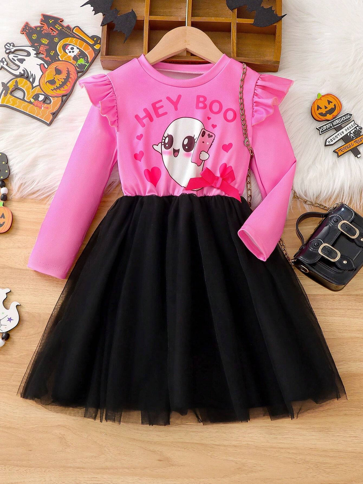 Halloween Elements Cartoon Ghost Print Fashionable Cap Sleeve Decor Mid-Length Mesh Tulle Party Dress For Young Girls, Children Spring Autumn Party Gift