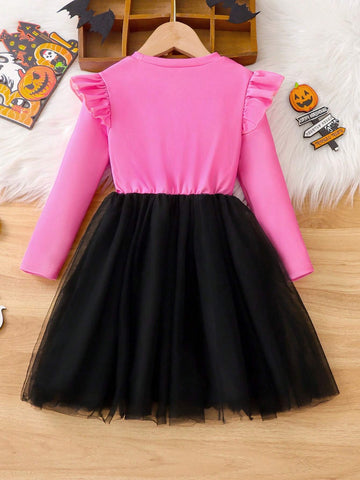 Halloween Elements Cartoon Ghost Print Fashionable Cap Sleeve Decor Mid-Length Mesh Tulle Party Dress For Young Girls, Children Spring Autumn Party Gift