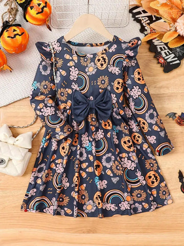 Halloween Floral & Pumpkins Long-Sleeve Dress For Girls, Winter & Fall Daily Holiday Casual Dresses, Party, As Gift