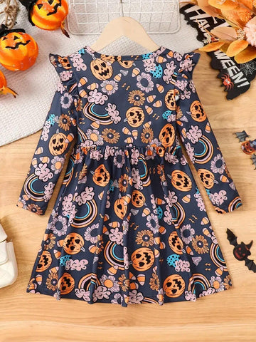 Halloween Floral & Pumpkins Long-Sleeve Dress For Girls, Winter & Fall Daily Holiday Casual Dresses, Party, As Gift