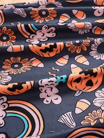 Halloween Floral & Pumpkins Long-Sleeve Dress For Girls, Winter & Fall Daily Holiday Casual Dresses, Party, As Gift