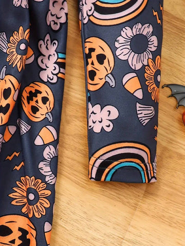 Halloween Floral & Pumpkins Long-Sleeve Dress For Girls, Winter & Fall Daily Holiday Casual Dresses, Party, As Gift