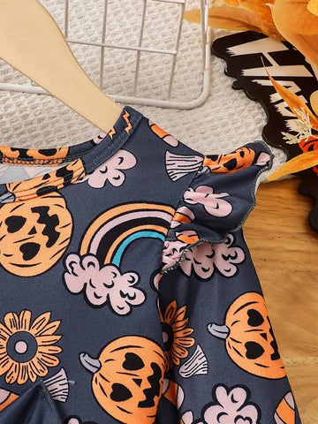 Halloween Floral & Pumpkins Long-Sleeve Dress For Girls, Winter & Fall Daily Holiday Casual Dresses, Party, As Gift