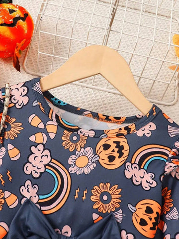 Halloween Floral & Pumpkins Long-Sleeve Dress For Girls, Winter & Fall Daily Holiday Casual Dresses, Party, As Gift