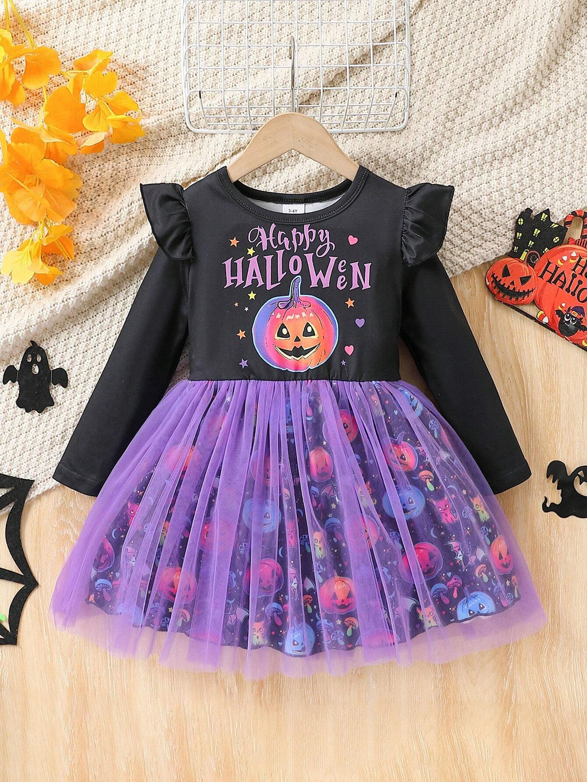 Halloween Girls Long Sleeve 2-7Y Ruffle Trim Pumpkin Letter Print Mesh Pumpkin Lantern Fairy Costume Dress
