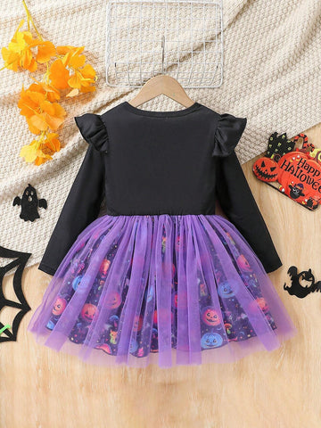 Halloween Girls Long Sleeve 2-7Y Ruffle Trim Pumpkin Letter Print Mesh Pumpkin Lantern Fairy Costume Dress