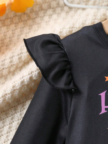 Halloween Girls Long Sleeve 2-7Y Ruffle Trim Pumpkin Letter Print Mesh Pumpkin Lantern Fairy Costume Dress