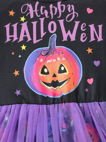 Halloween Girls Long Sleeve 2-7Y Ruffle Trim Pumpkin Letter Print Mesh Pumpkin Lantern Fairy Costume Dress