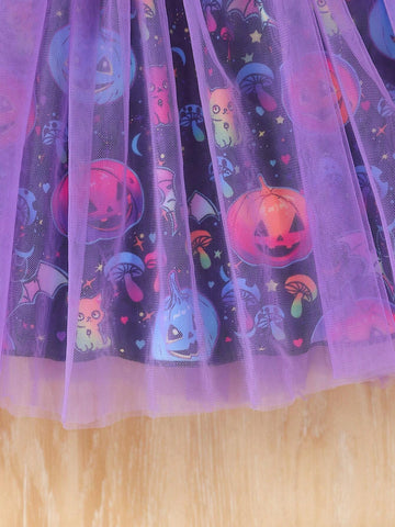 Halloween Girls Long Sleeve 2-7Y Ruffle Trim Pumpkin Letter Print Mesh Pumpkin Lantern Fairy Costume Dress