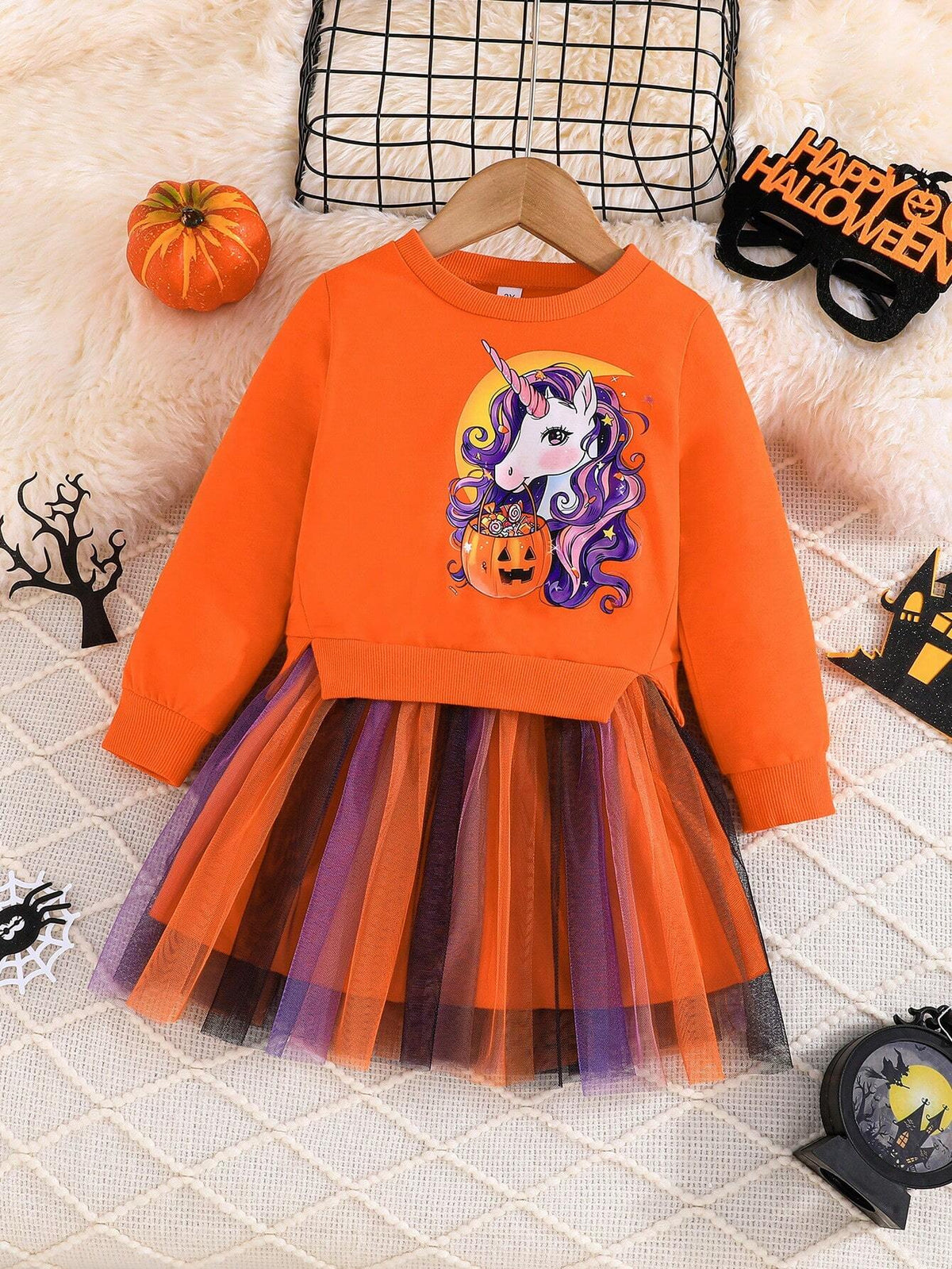 Halloween Girls Pumpkin & Unicorn Print Long Sleeve Mesh Ruffle Dress Cute Holiday Party Dress