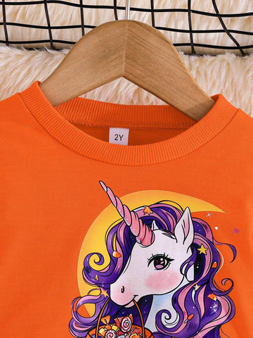 Halloween Girls Pumpkin & Unicorn Print Long Sleeve Mesh Ruffle Dress Cute Holiday Party Dress