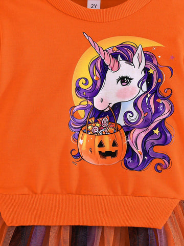 Halloween Girls Pumpkin & Unicorn Print Long Sleeve Mesh Ruffle Dress Cute Holiday Party Dress