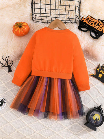Halloween Girls Pumpkin & Unicorn Print Long Sleeve Mesh Ruffle Dress Cute Holiday Party Dress