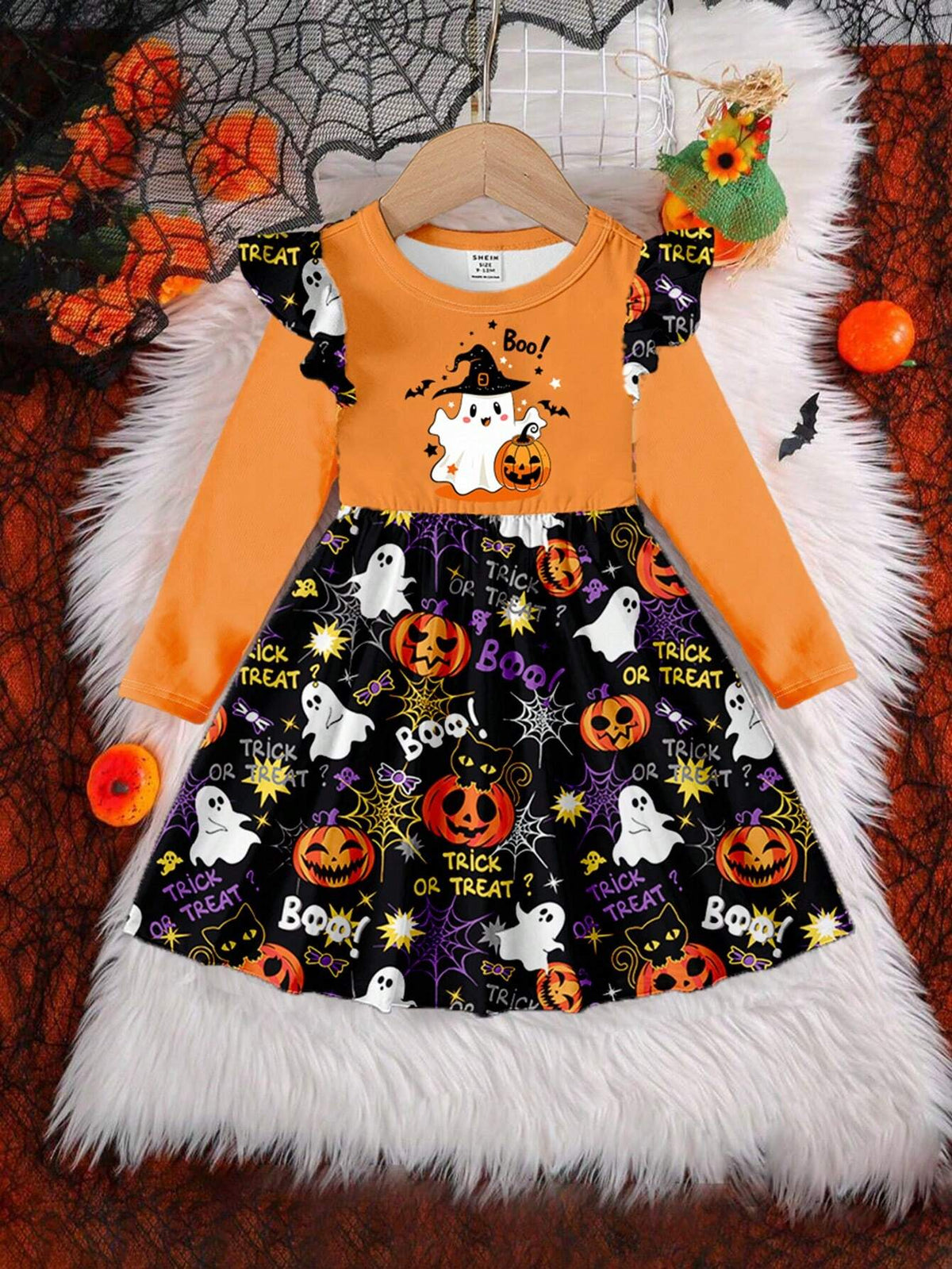 Halloween Party Costume, Young Girl Cute Pumpkin Print Fashionable Oversized Crew Neck Long Sleeve Dress, Suitable For Autumn & Winter