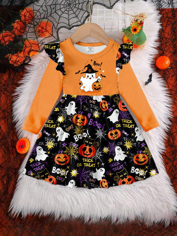 Halloween Party Costume, Young Girl Cute Pumpkin Print Fashionable Oversized Crew Neck Long Sleeve Dress, Suitable For Autumn & Winter