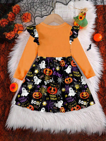 Halloween Party Costume, Young Girl Cute Pumpkin Print Fashionable Oversized Crew Neck Long Sleeve Dress, Suitable For Autumn & Winter