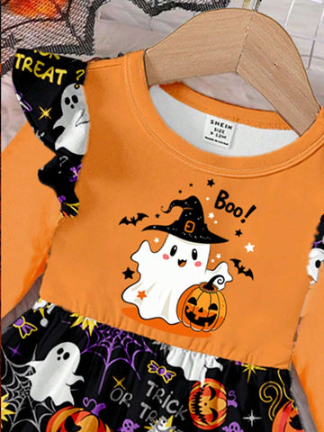 Halloween Party Costume, Young Girl Cute Pumpkin Print Fashionable Oversized Crew Neck Long Sleeve Dress, Suitable For Autumn & Winter