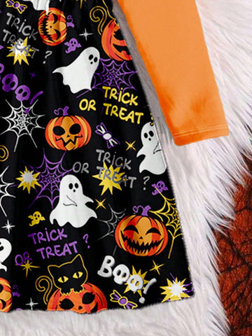 Halloween Party Costume, Young Girl Cute Pumpkin Print Fashionable Oversized Crew Neck Long Sleeve Dress, Suitable For Autumn & Winter