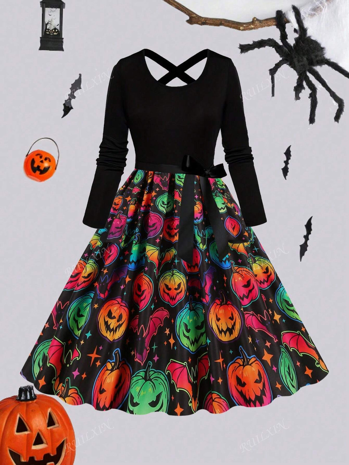 Halloween Pumpkin Skeleton Ombre Print Crew Neck Cross Tie Waist Splice Dress With Ribbon