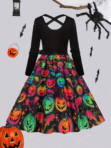 Halloween Pumpkin Skeleton Ombre Print Crew Neck Cross Tie Waist Splice Dress With Ribbon