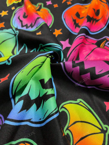 Halloween Pumpkin Skeleton Ombre Print Crew Neck Cross Tie Waist Splice Dress With Ribbon