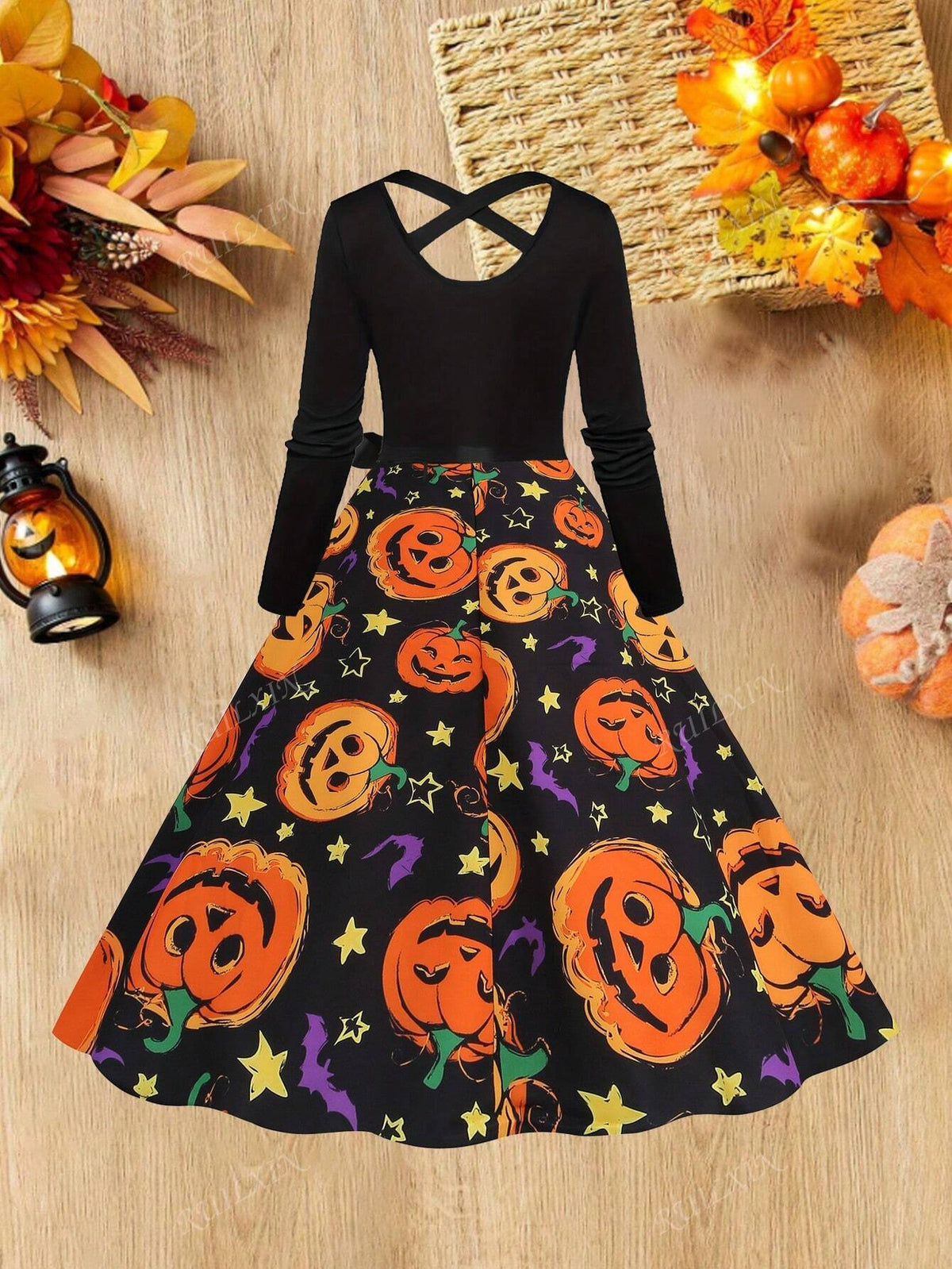Halloween Pumpkin Skeleton Print Cross Strap High Waist Patchwork Long Sleeve A-Line Dress With Ribbon