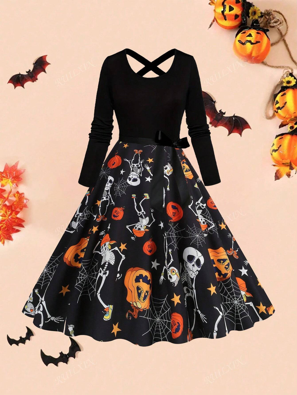 Halloween Pumpkin Skeleton Print Cross Tie High Waist Patchwork Long Sleeve A-Line Dress With Ribbon