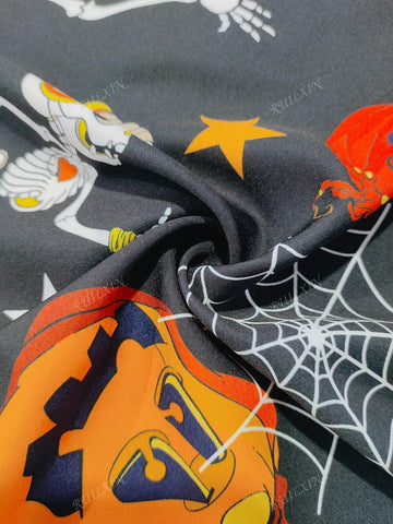 Halloween Pumpkin Skeleton Print Cross Tie High Waist Patchwork Long Sleeve A-Line Dress With Ribbon