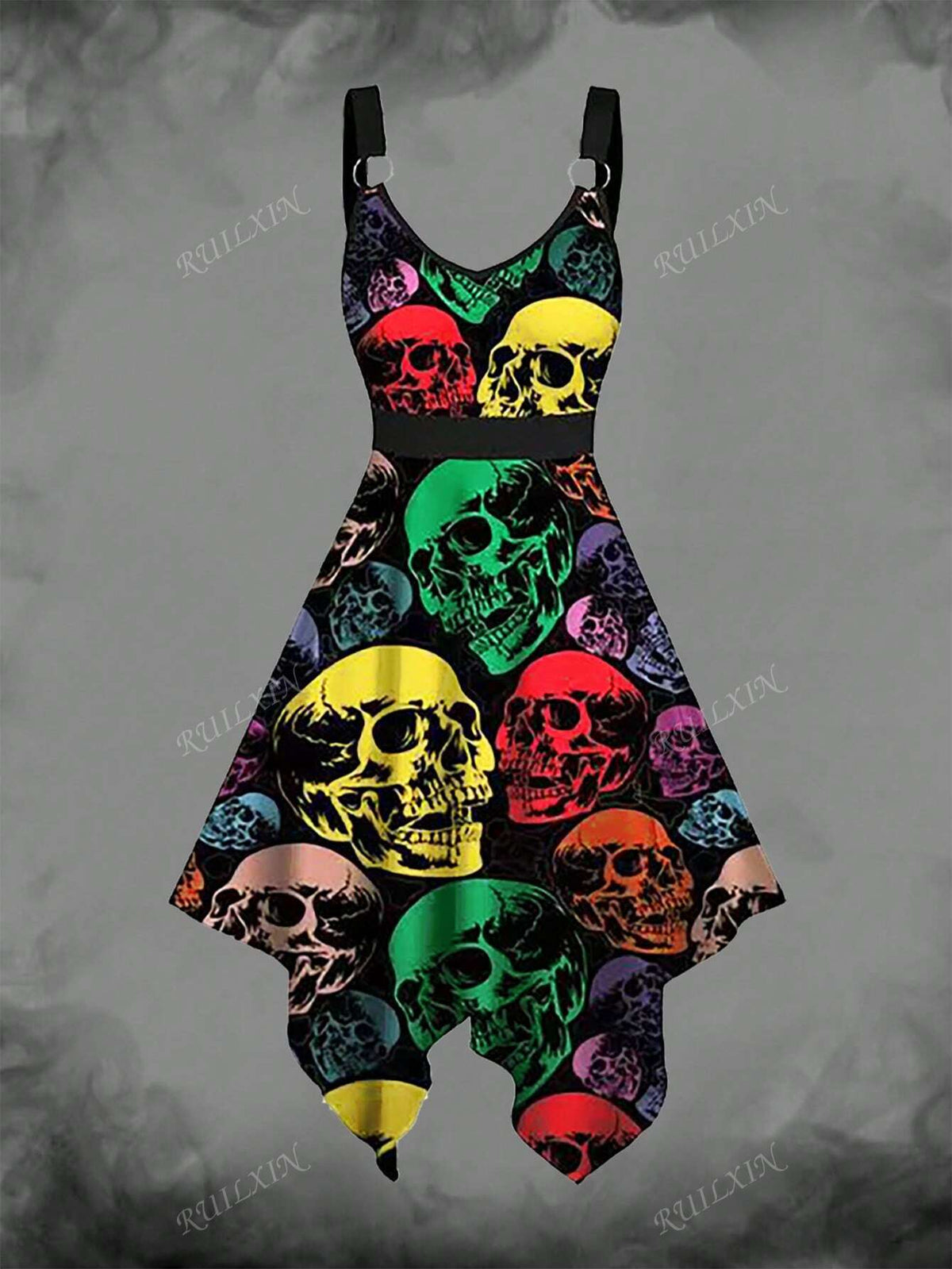 Halloween Skeleton & Spider Web Print V-Neck Sleeveless Asymmetrical Hem Dress